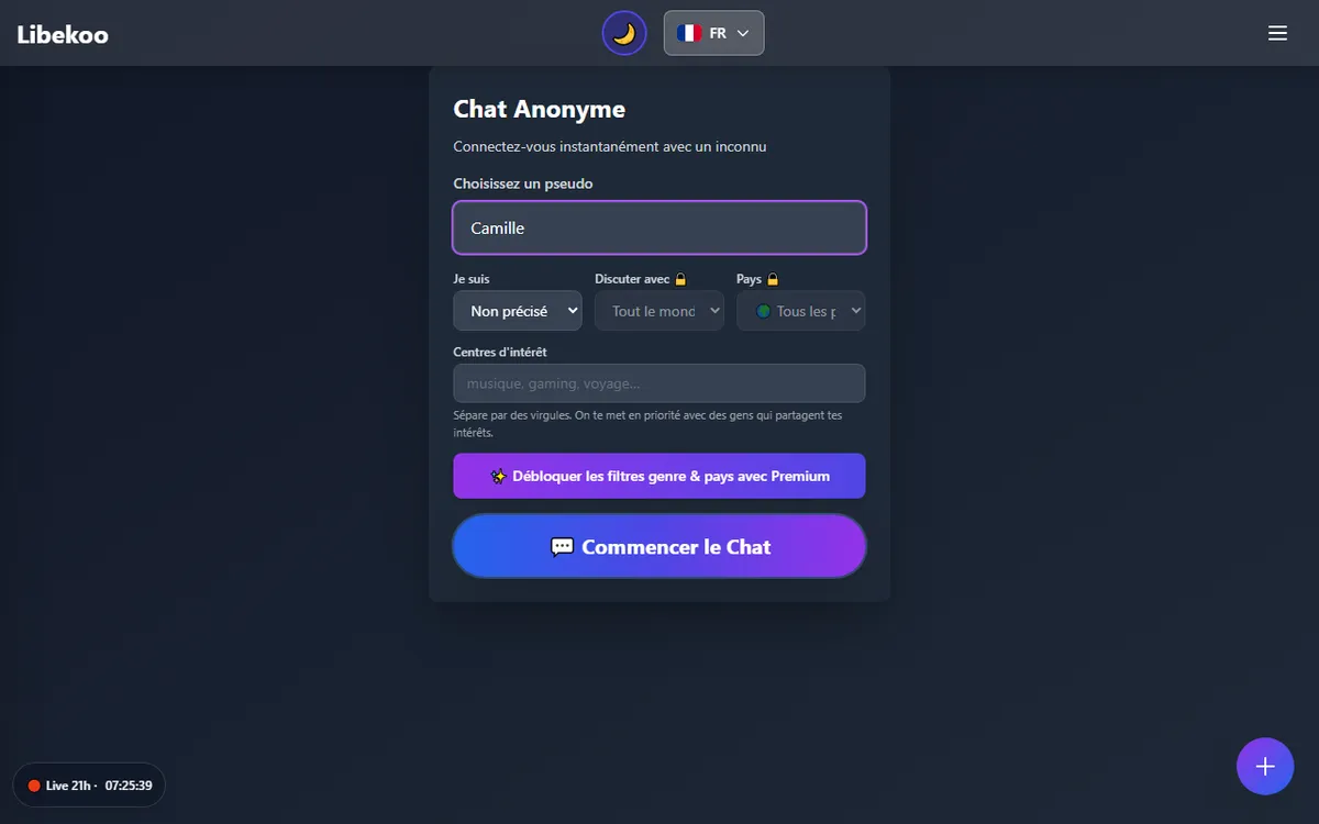 L'interface du chat texte Libekoo — conversation aléatoire en français